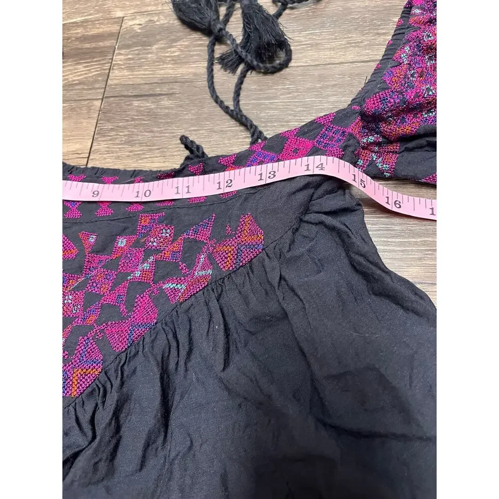 Free People Vacay Vibin Top XS Black Embroidered Boho Festival Cold Shoulder